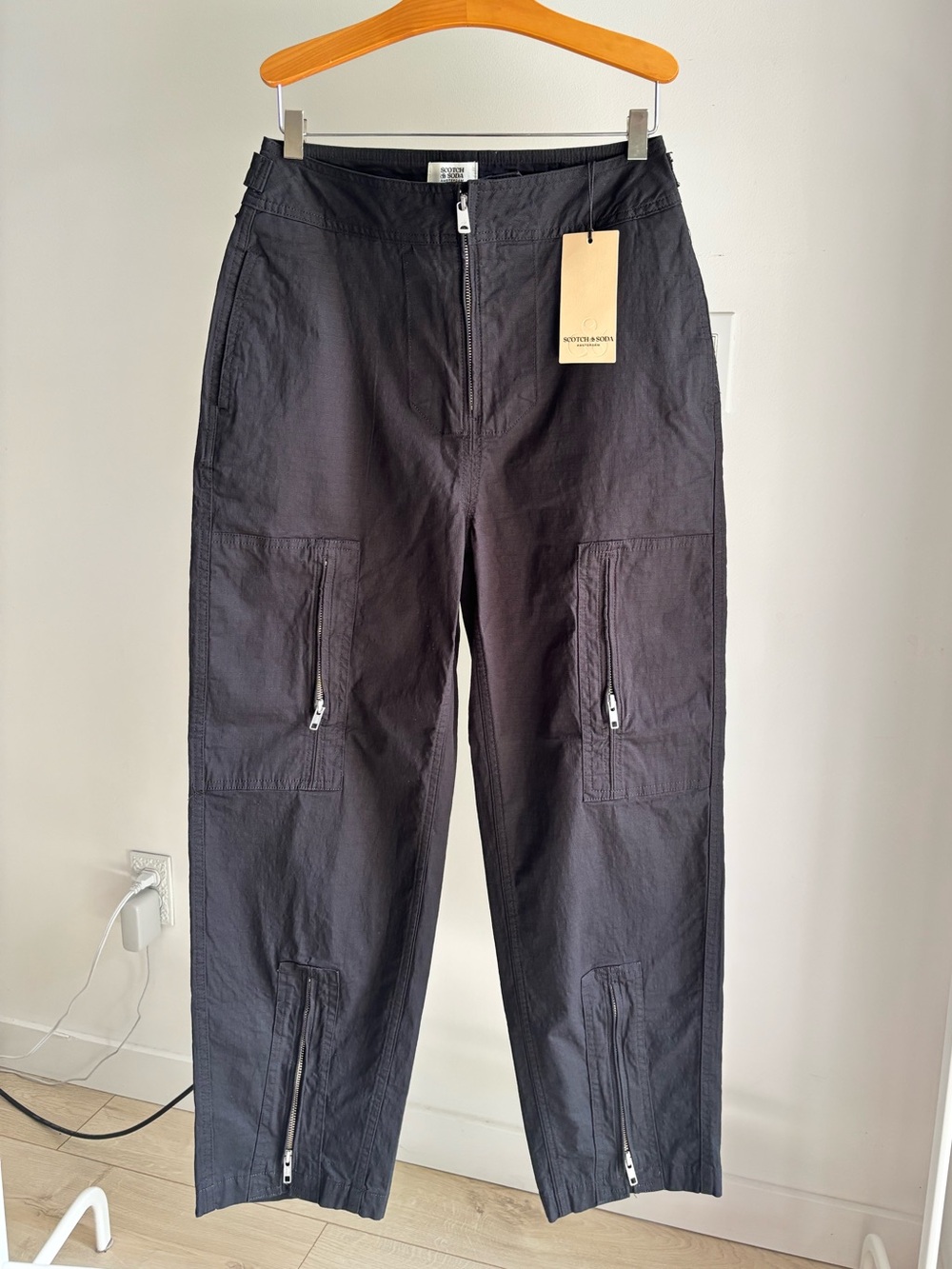 Scotch & Soda Black Cargo Zip-Front Pants